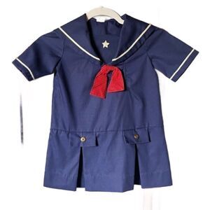 Girls Handmade Navy Blue Nautical Pleated Collared Dress (10/12 Girls)